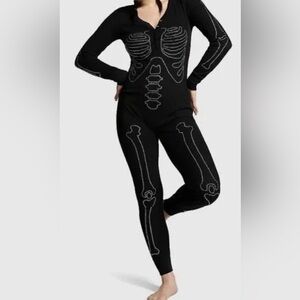 New Victorias Secret PINK Pajamas One Piece XL Black Skeleton Bling Halloween